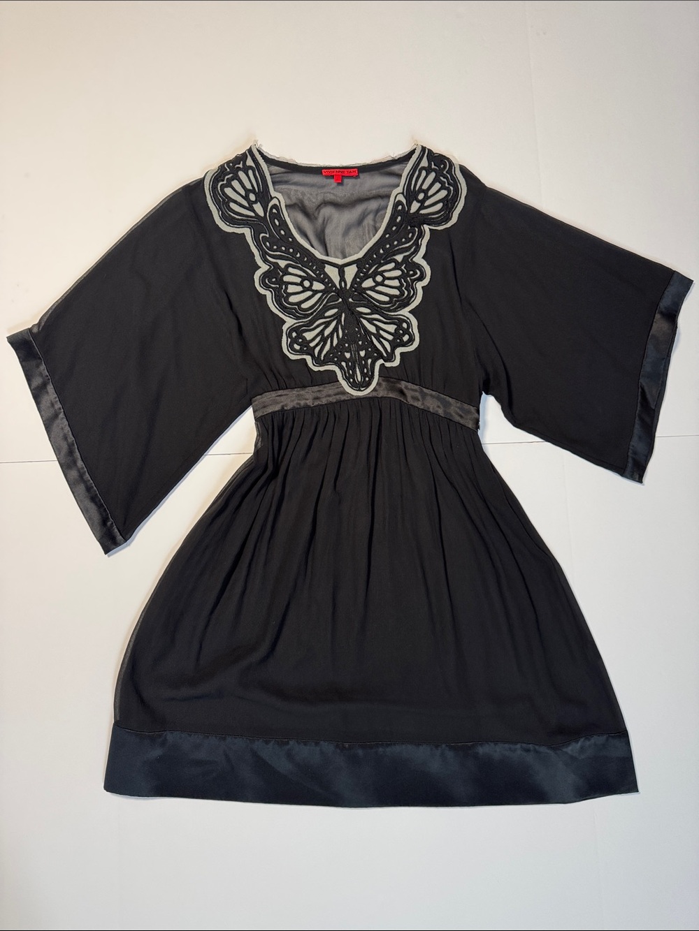 VIVIENNE TAM 100% Silk Black Butterfly Embroidered V-Neck Sheer Mini Dress 2/M